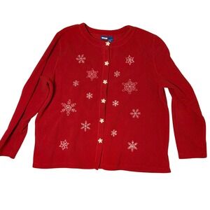 Falls Creek Womens Red Snowflake Fleece Button Up Cardigan Sweater 2X